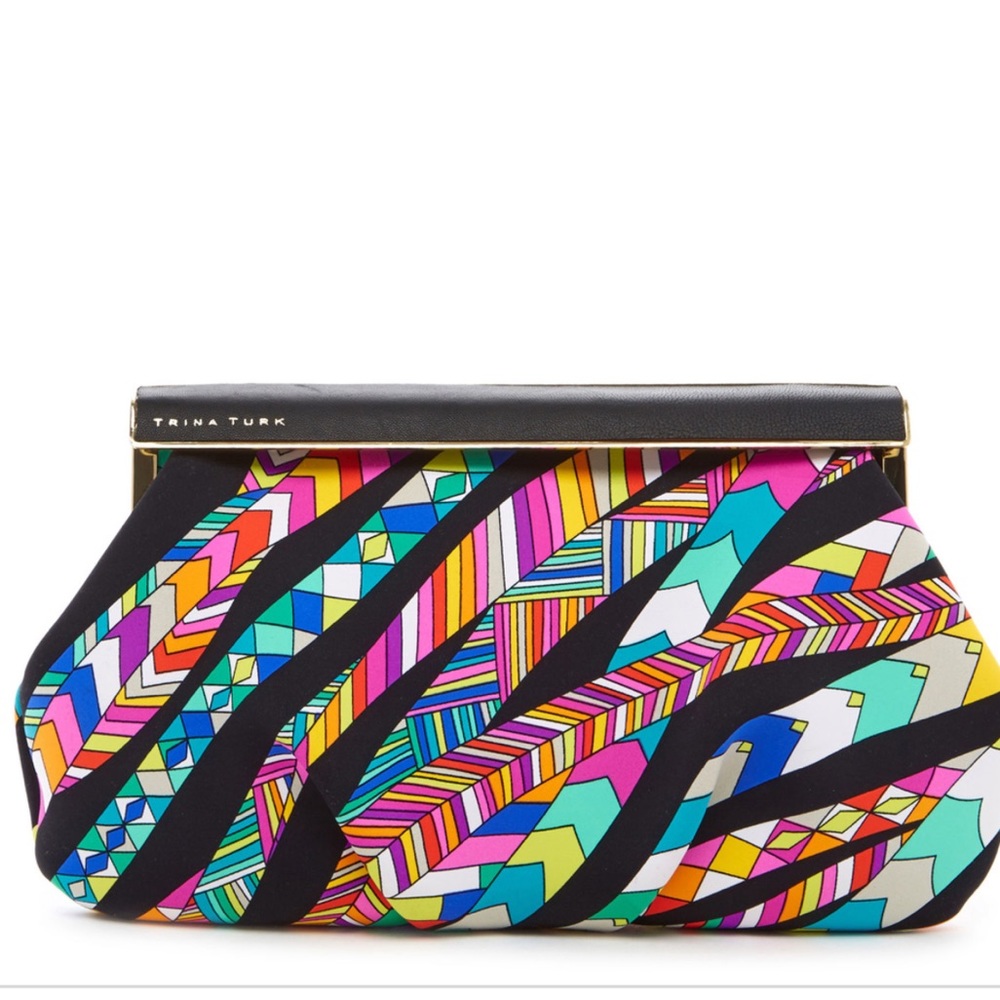 NWT Trina Turk Black Multicolor Geometric Clutch